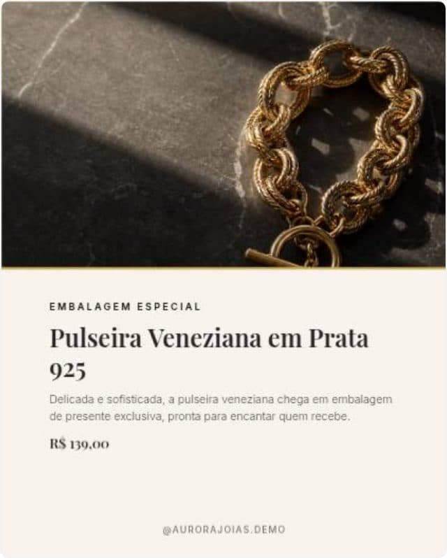 Arte de joalheria com pulseira em destaque, texto de venda e preço