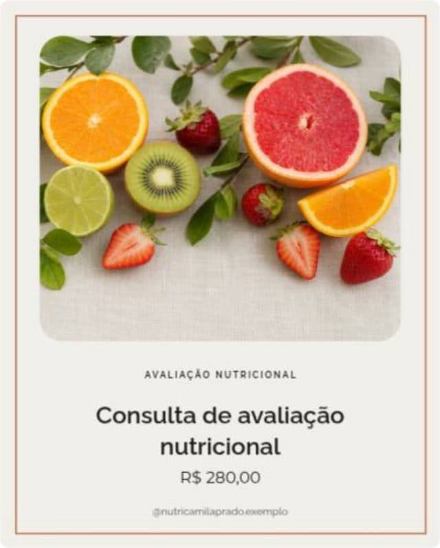 Arte de nutrição da consulta de avaliação, com foto de frutas e preço