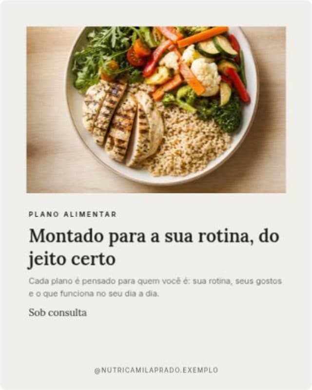 Arte de nutrição sobre plano alimentar, com foto de prato equilibrado